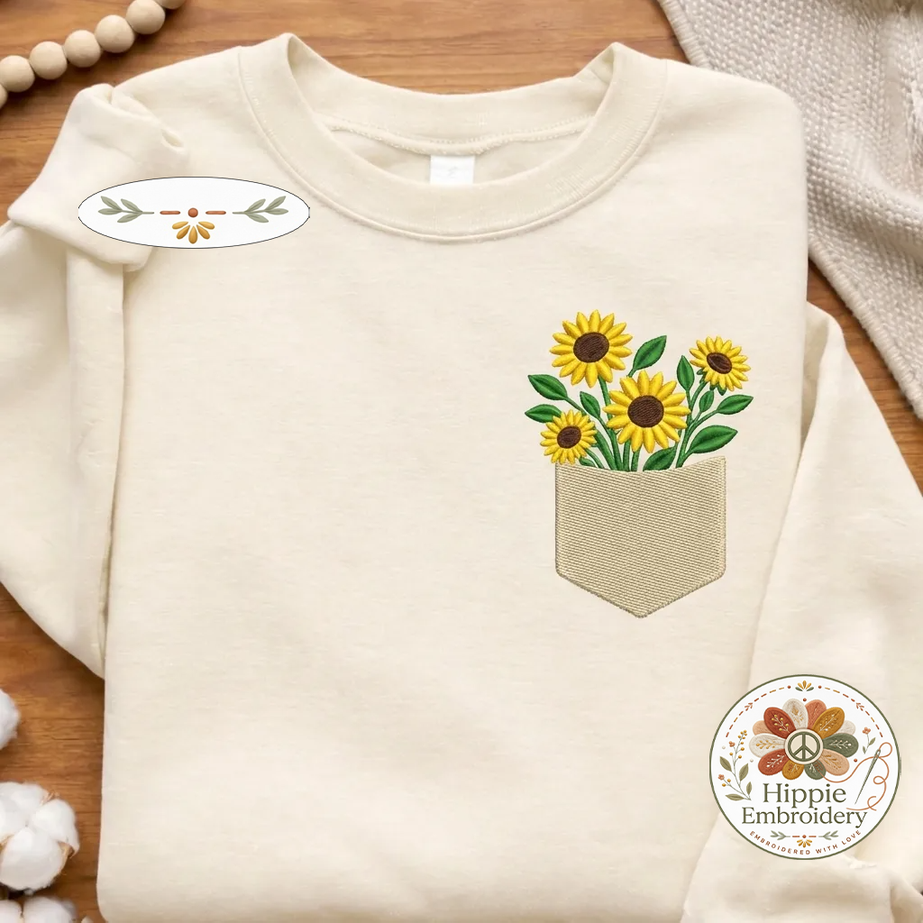 Embroidered Sunflowers Pocket Sweatshirt, Floral Faux Pocket Crewneck
