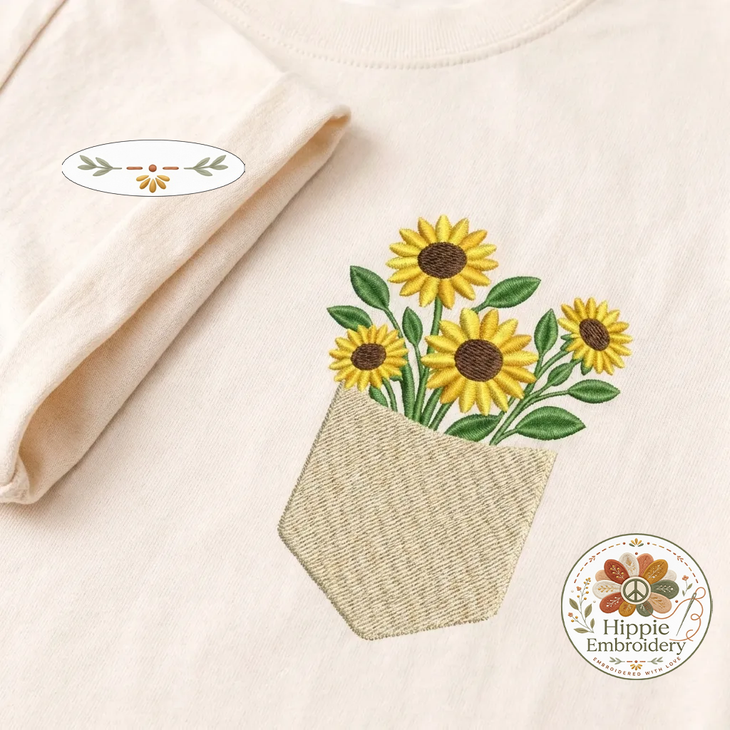 Embroidered Sunflowers Pocket Sweatshirt, Floral Faux Pocket Crewneck