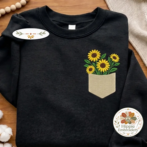 Embroidered Sunflowers Pocket Sweatshirt, Floral Faux Pocket Crewneck