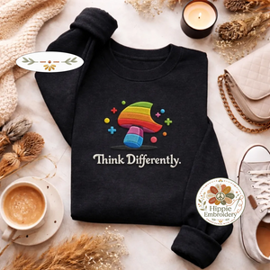 Embroidered Think Differently Rainbow Mushroom Sweatshirt, Fungi