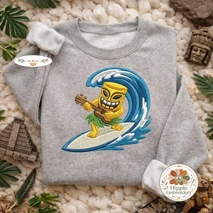 Embroidered Tiki Surfer Sweatshirt, Beach Ukulele Aloha Shirt
