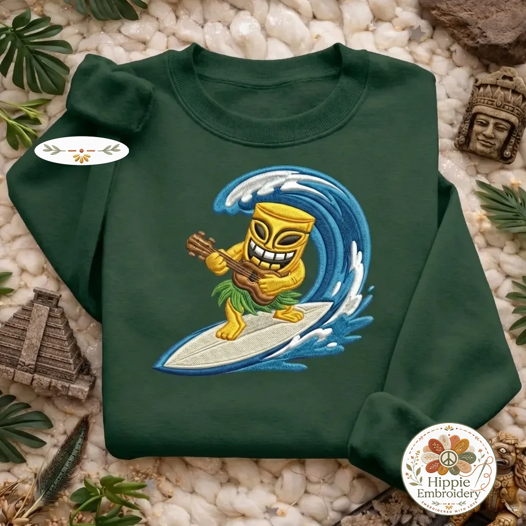 Embroidered Tiki Surfer Sweatshirt, Beach Ukulele Aloha Shirt