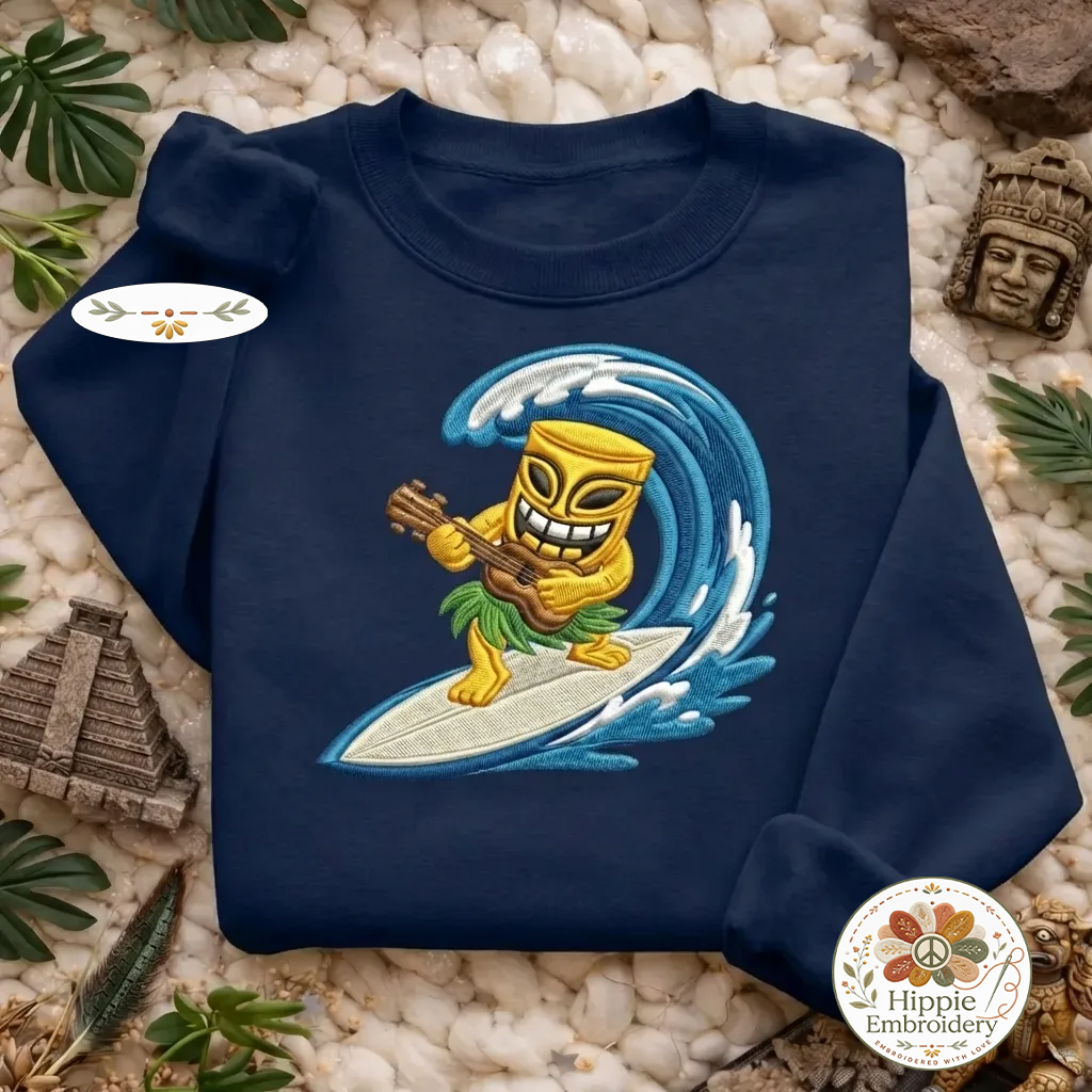 Embroidered Tiki Surfer Sweatshirt, Beach Ukulele Aloha Shirt