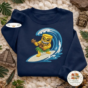 Embroidered Tiki Surfer Sweatshirt, Beach Ukulele Aloha Shirt