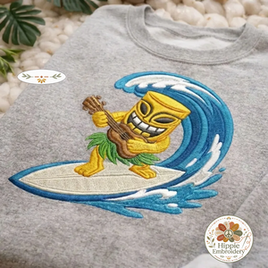 Embroidered Tiki Surfer Sweatshirt, Beach Ukulele Aloha Shirt