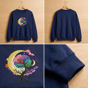 Embroidered Tree of Life Moon Sweatshirt, Celestial Clouds Crewneck