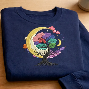 Embroidered Tree of Life Moon Sweatshirt, Celestial Clouds Crewneck