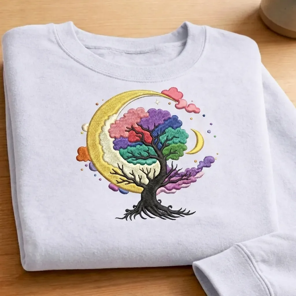 Embroidered Tree of Life Moon Sweatshirt, Celestial Clouds Crewneck