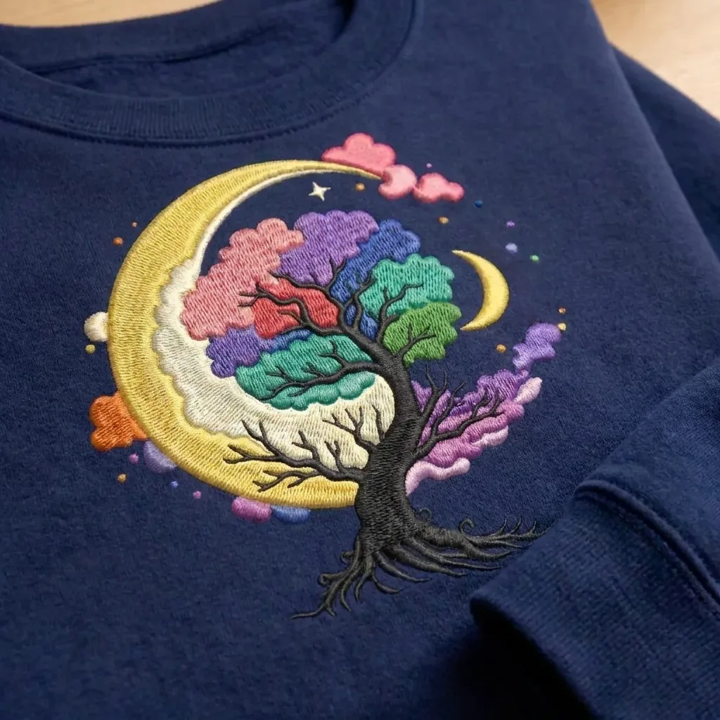 Embroidered Tree of Life Moon Sweatshirt, Celestial Clouds Crewneck