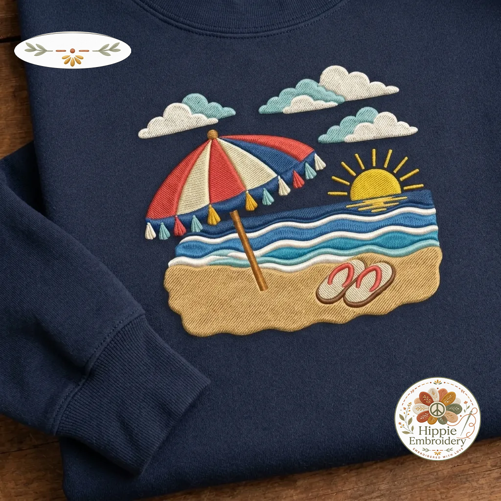 Embroidered Tropical Beach Sunset Sweatshirt, Coastal Summer Crew