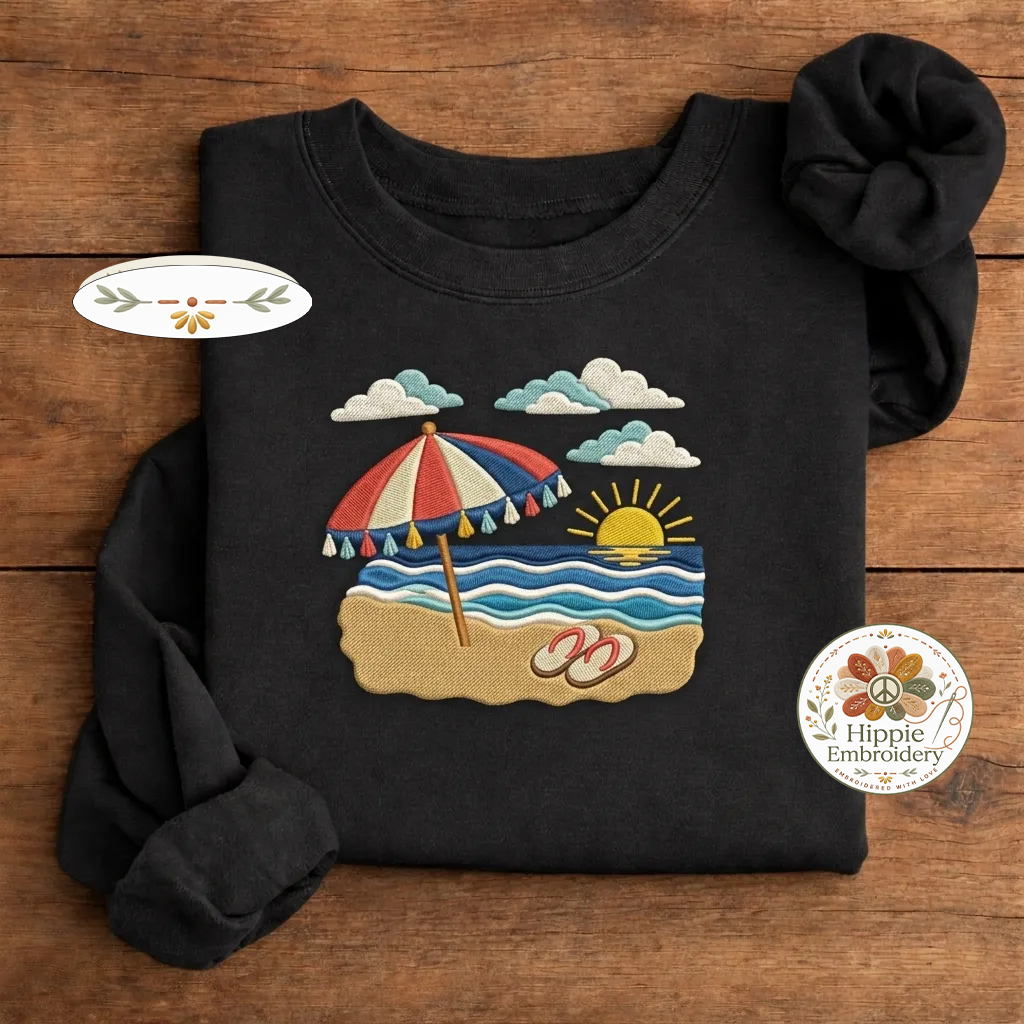 Embroidered Tropical Beach Sunset Sweatshirt, Coastal Summer Crew
