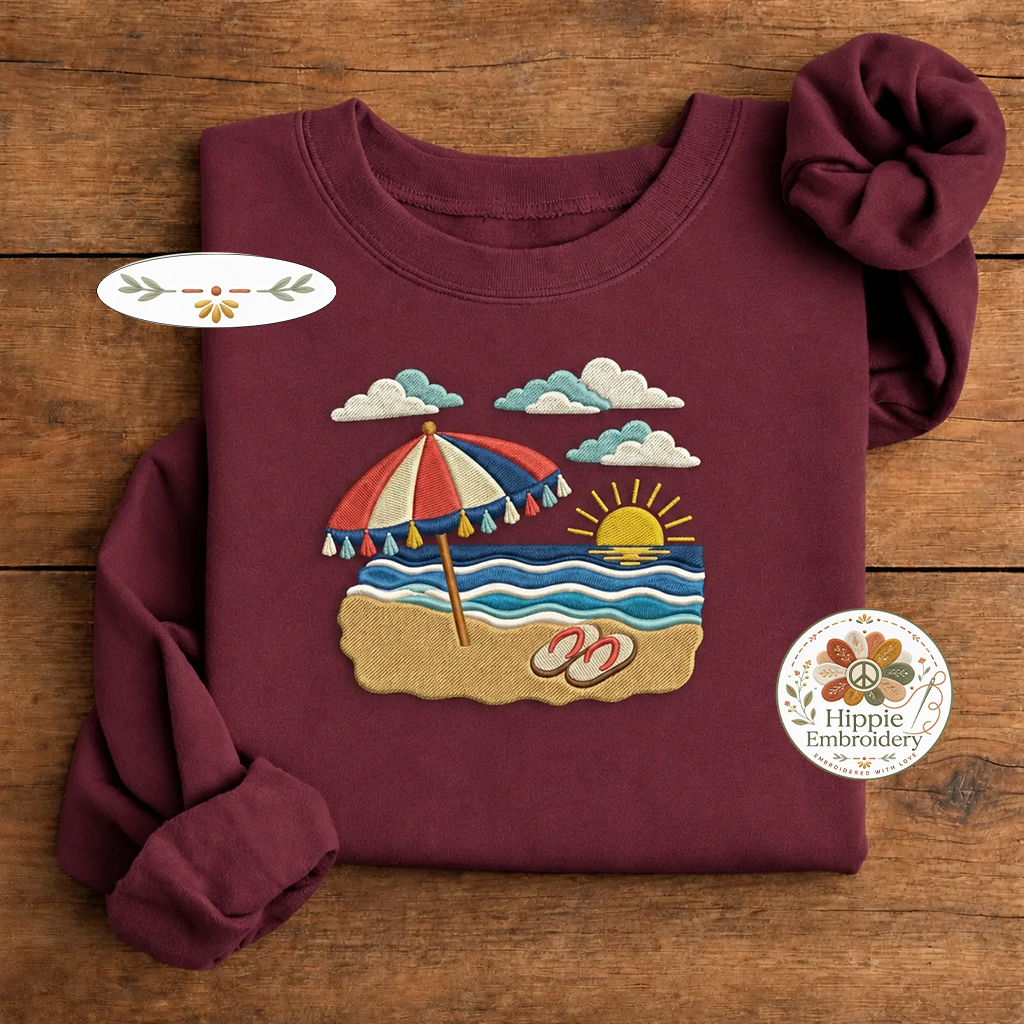 Embroidered Tropical Beach Sunset Sweatshirt, Coastal Summer Crew