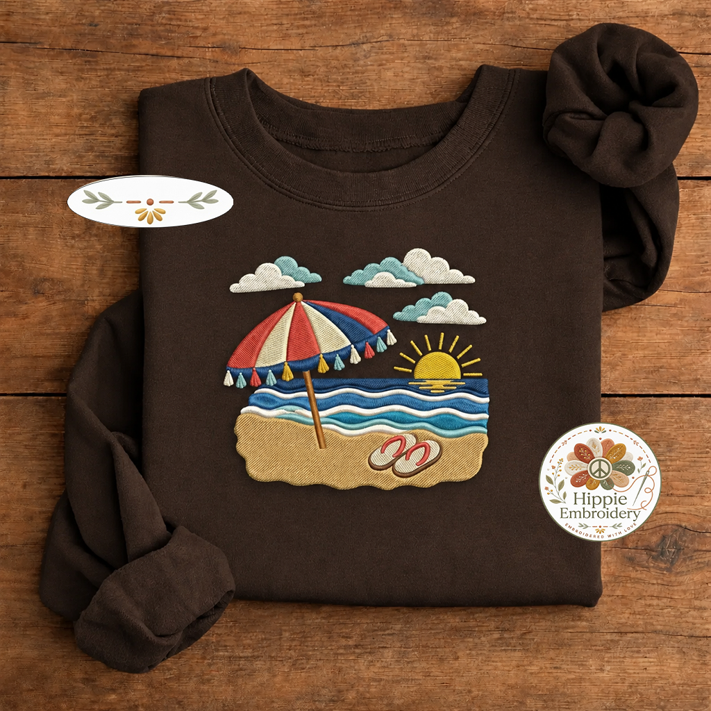 Embroidered Tropical Beach Sunset Sweatshirt, Coastal Summer Crew