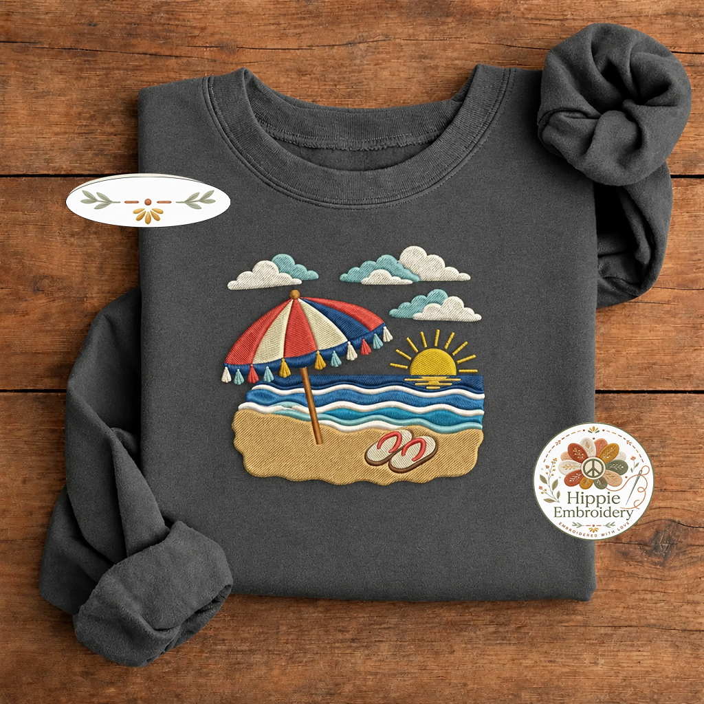 Embroidered Tropical Beach Sunset Sweatshirt, Coastal Summer Crew