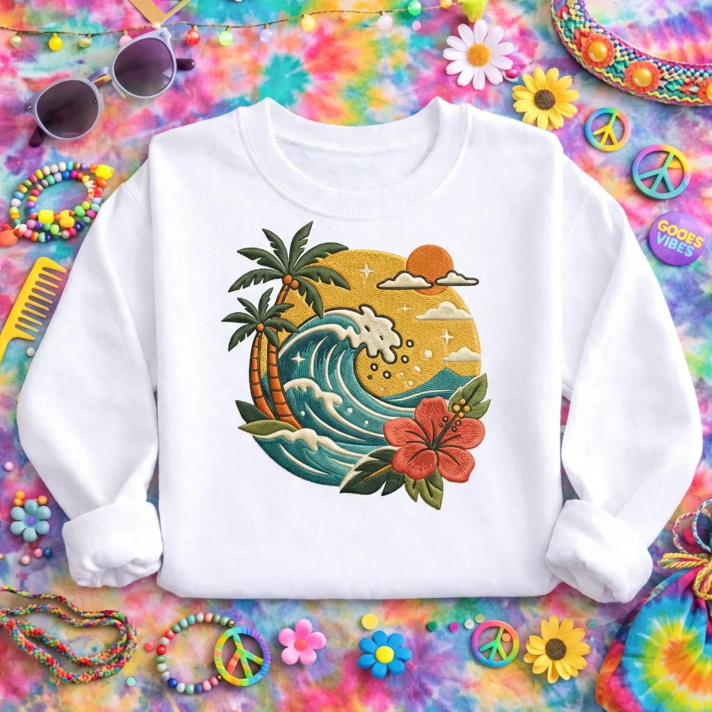 Embroidered Tropical Ocean Wave Sweatshirt, Retro Beach Crewneck