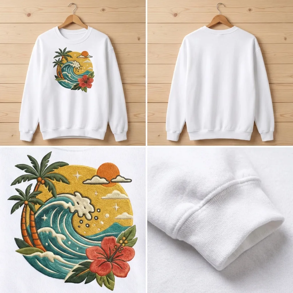 Embroidered Tropical Ocean Wave Sweatshirt, Retro Beach Crewneck