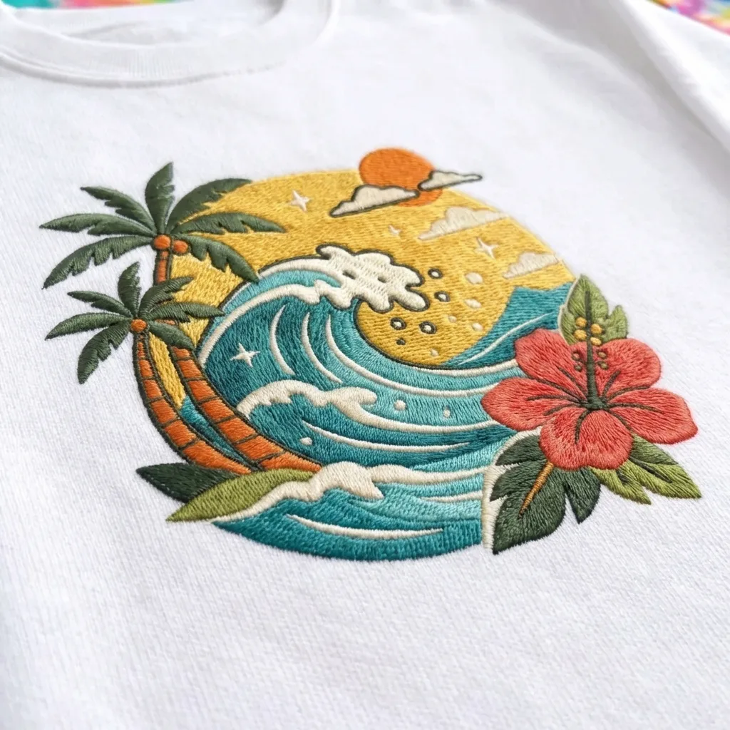 Embroidered Tropical Ocean Wave Sweatshirt, Retro Beach Crewneck