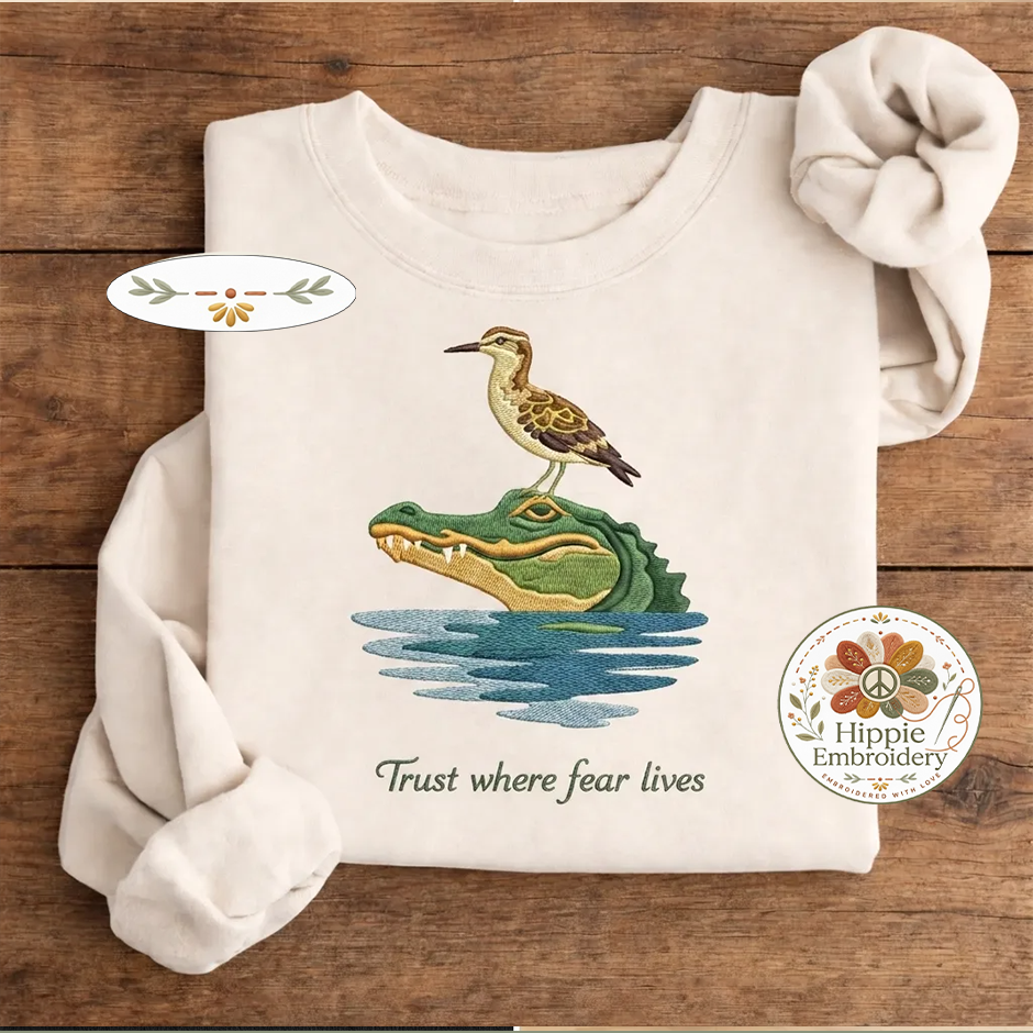 Embroidered Trust Where Fear Lives Shirt, Alligator Symbiosis Crew