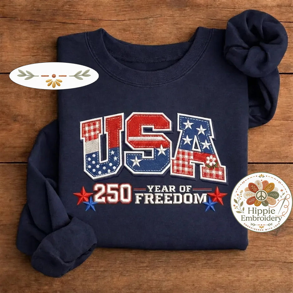 Embroidered USA 250 Year Of Freedom Shirt, America 1776-2026 Crew