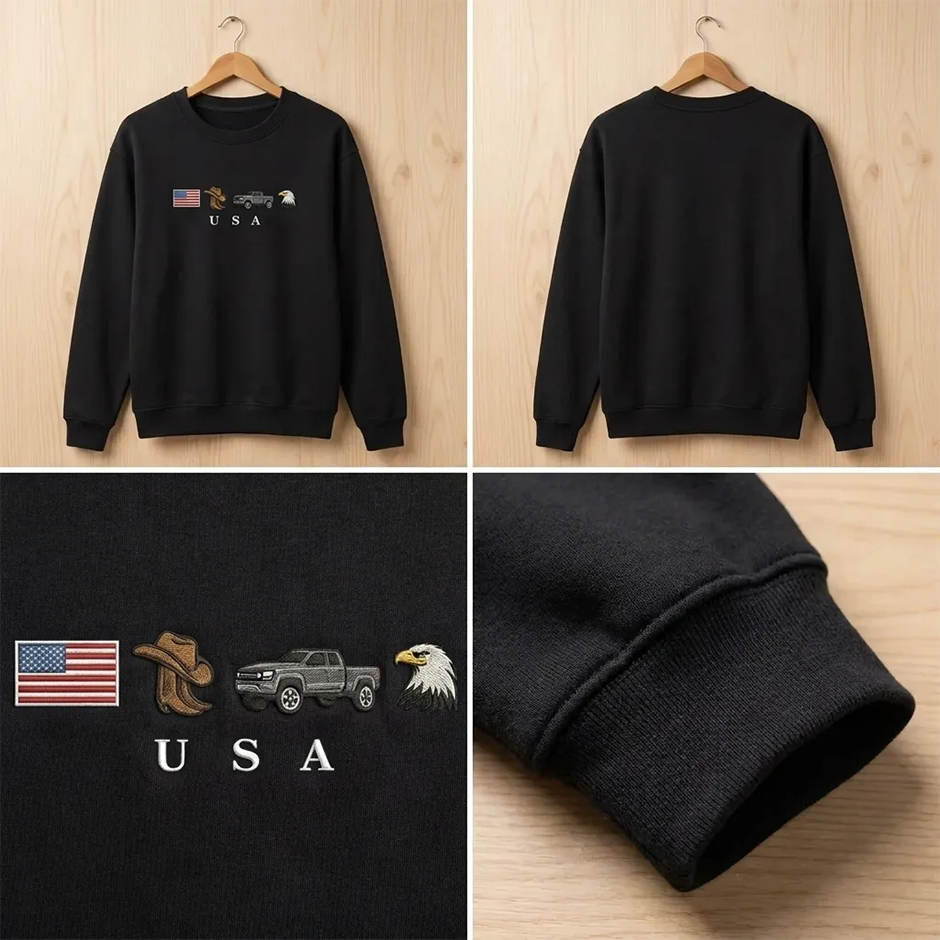 Embroidered USA Icons Sweatshirt, Patriotic Country Spirit Crew