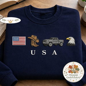 Embroidered USA Icons Sweatshirt, Patriotic Country Spirit Crew