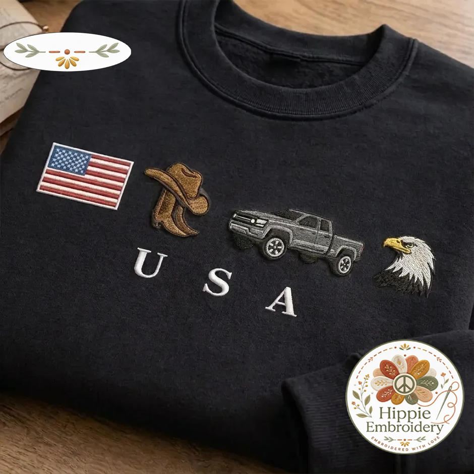 Embroidered USA Icons Sweatshirt, Patriotic Country Spirit Crew