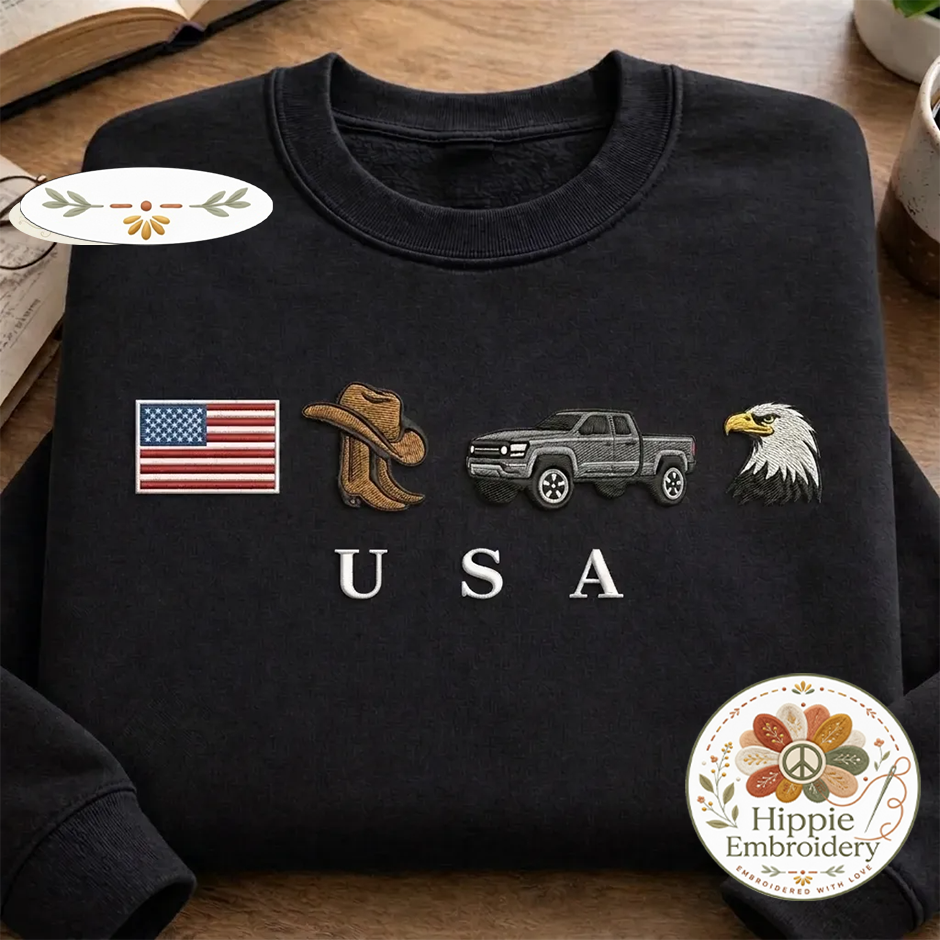 Embroidered USA Icons Sweatshirt, Patriotic Country Spirit Crew