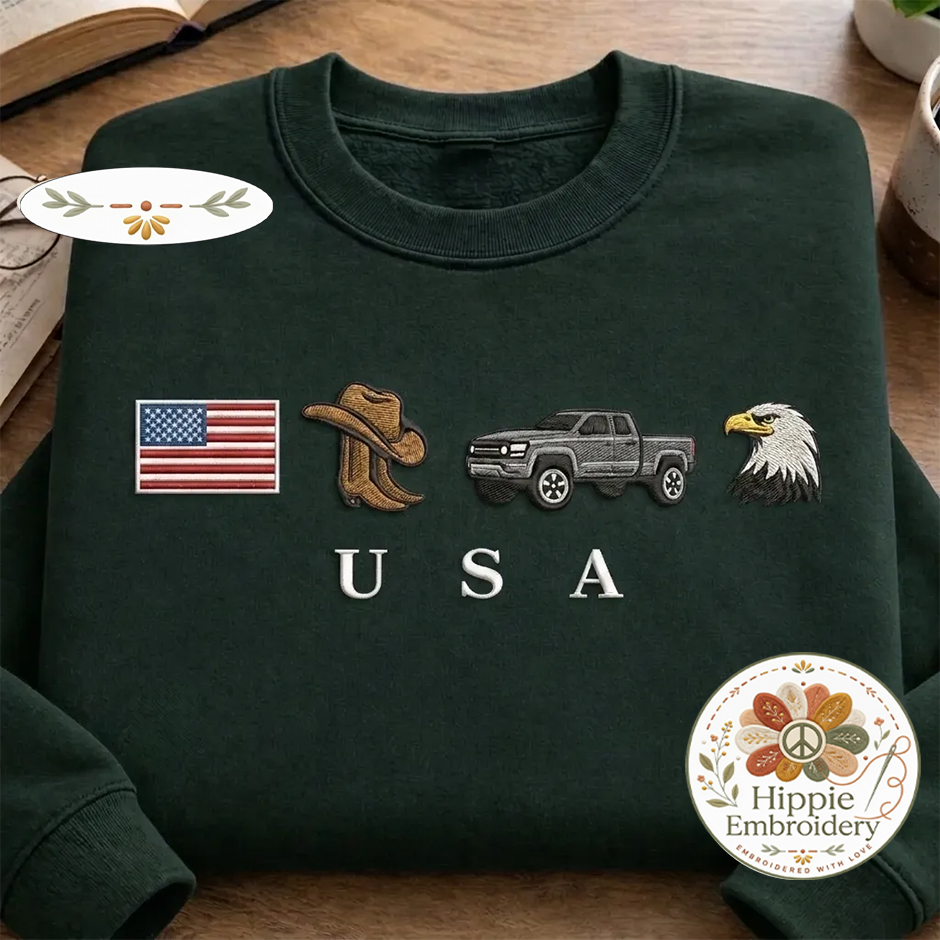 Embroidered USA Icons Sweatshirt, Patriotic Country Spirit Crew