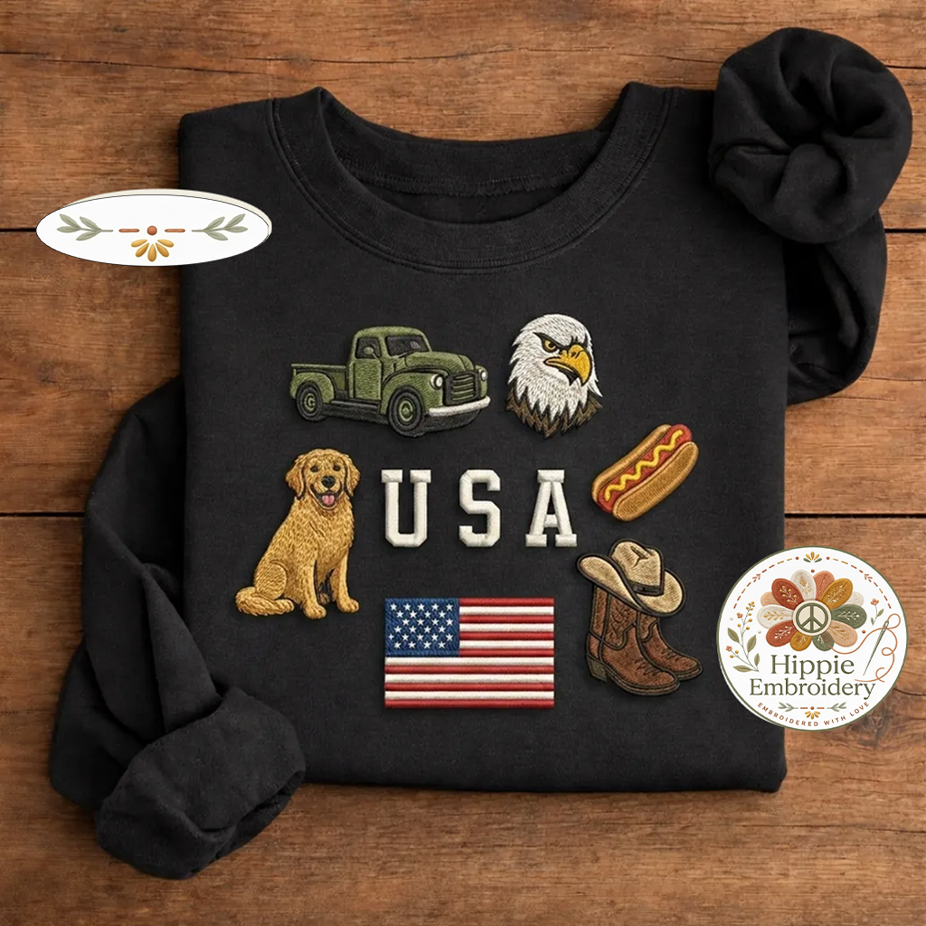 Embroidered USA Icons Sweatshirt, Patriotic July 4th Vintage Crew