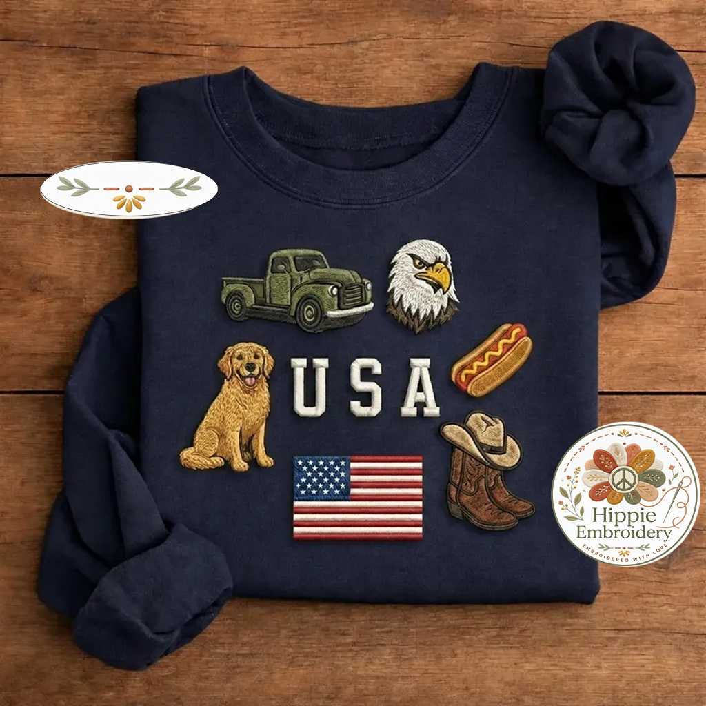 Embroidered USA Icons Sweatshirt, Patriotic July 4th Vintage Crew
