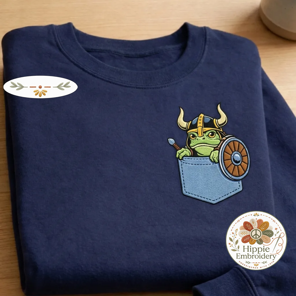 Embroidered Viking Frog Faux Pocket Sweatshirt, Nordic Crewneck
