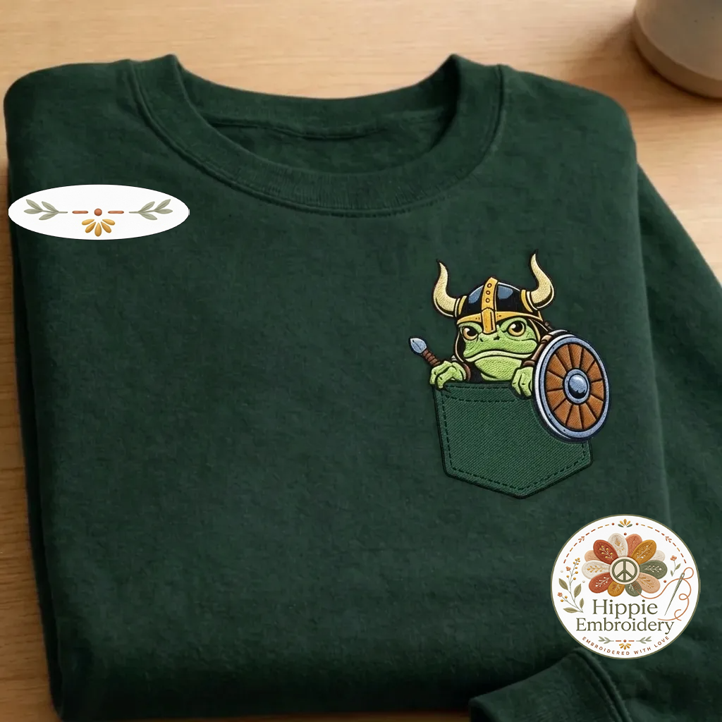 Embroidered Viking Frog Faux Pocket Sweatshirt, Nordic Crewneck