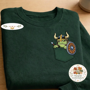 Embroidered Viking Frog Faux Pocket Sweatshirt, Nordic Crewneck
