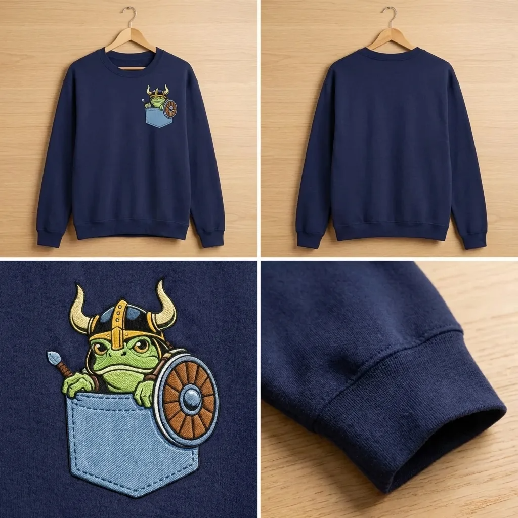 Embroidered Viking Frog Faux Pocket Sweatshirt, Nordic Crewneck