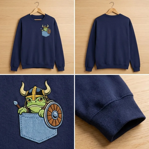 Embroidered Viking Frog Faux Pocket Sweatshirt, Nordic Crewneck