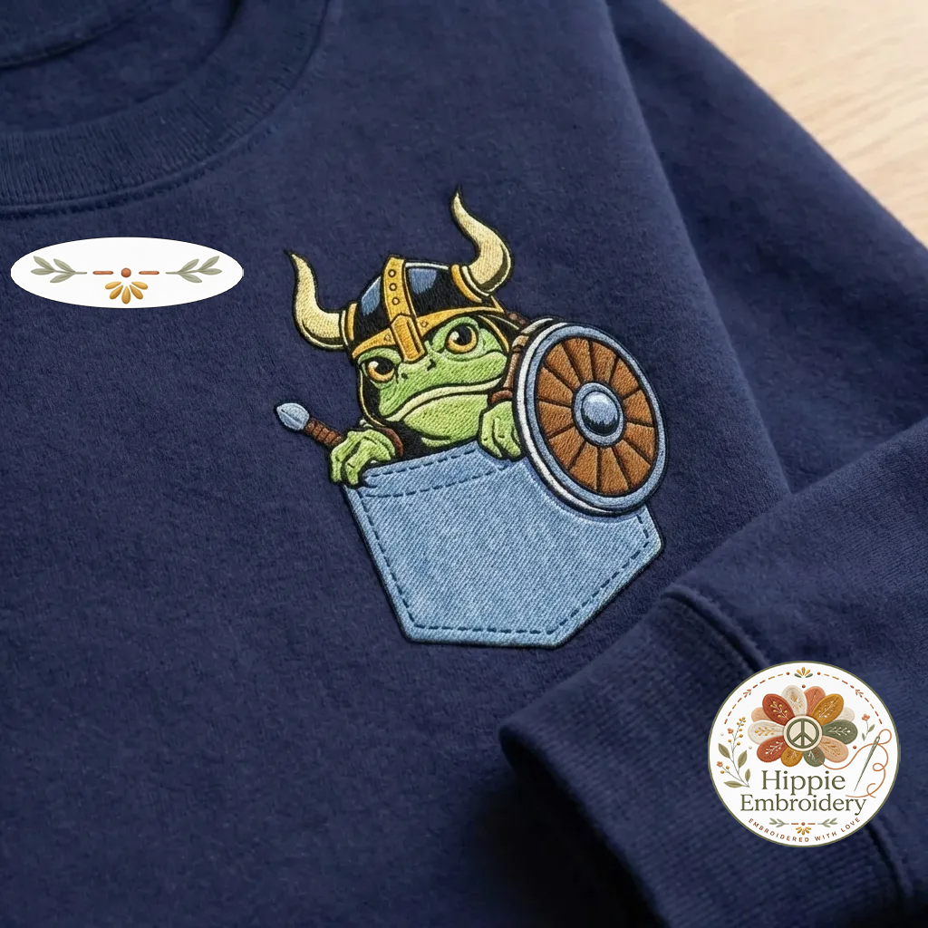 Embroidered Viking Frog Faux Pocket Sweatshirt, Nordic Crewneck