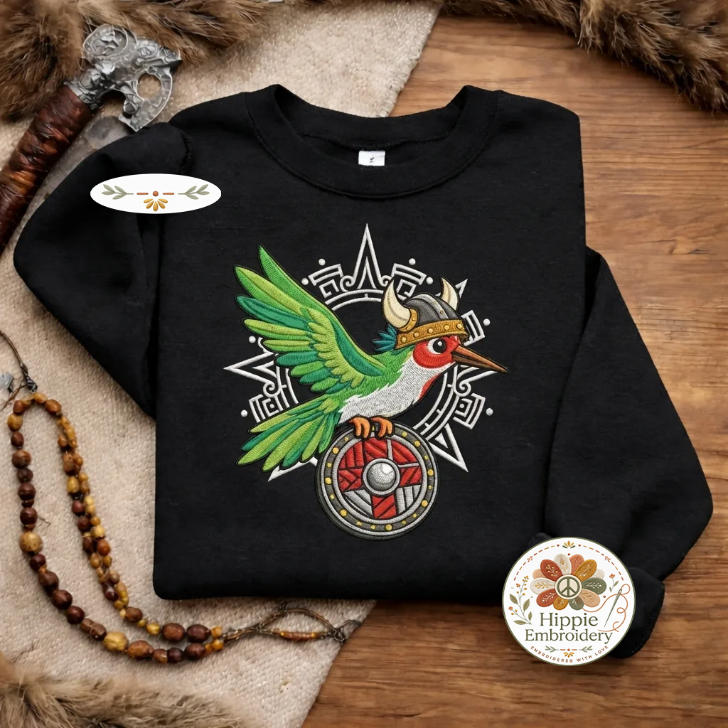 Embroidered Viking Warrior Hummingbird Sweatshirt, Norse Bird Shirt