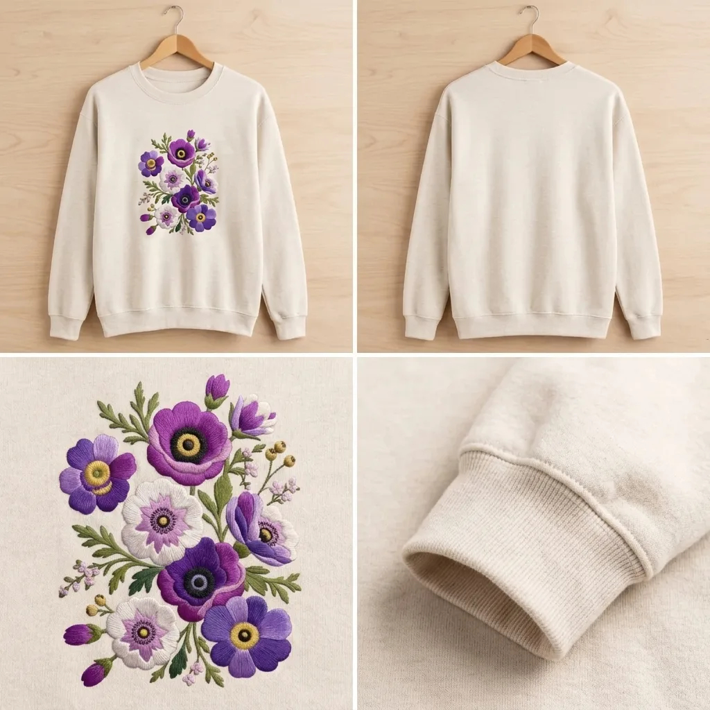 Embroidered Vintage Anemones Sweatshirt, Boho Pressed Flower Crew