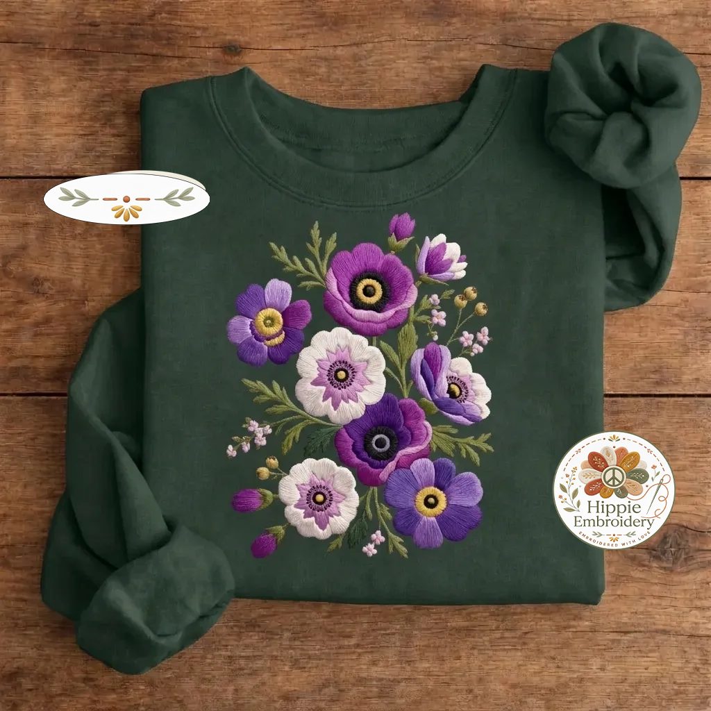 Embroidered Vintage Anemones Sweatshirt, Boho Pressed Flower Crew