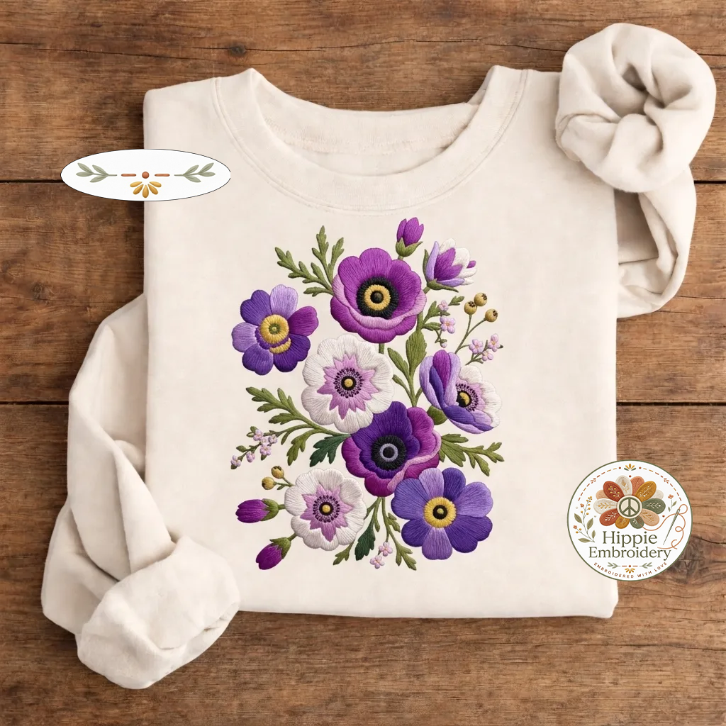 Embroidered Vintage Anemones Sweatshirt, Boho Pressed Flower Crew