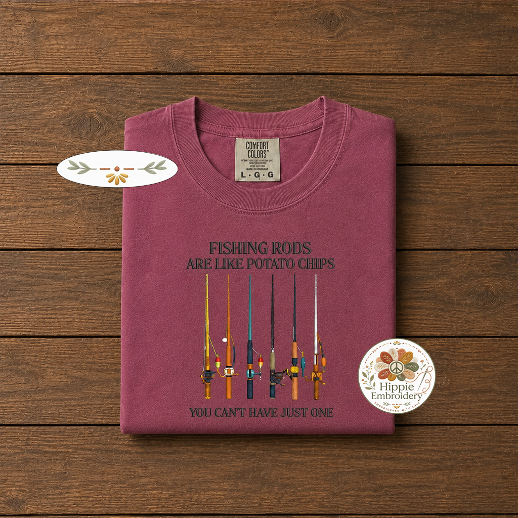 Embroidered Fishing Rods Comfort Colors T-shirt, Funny Angler Tee, Vintage Fishing Rod Art Shirt, Outdoorsman Top, Fishing Humor Gift - 1019