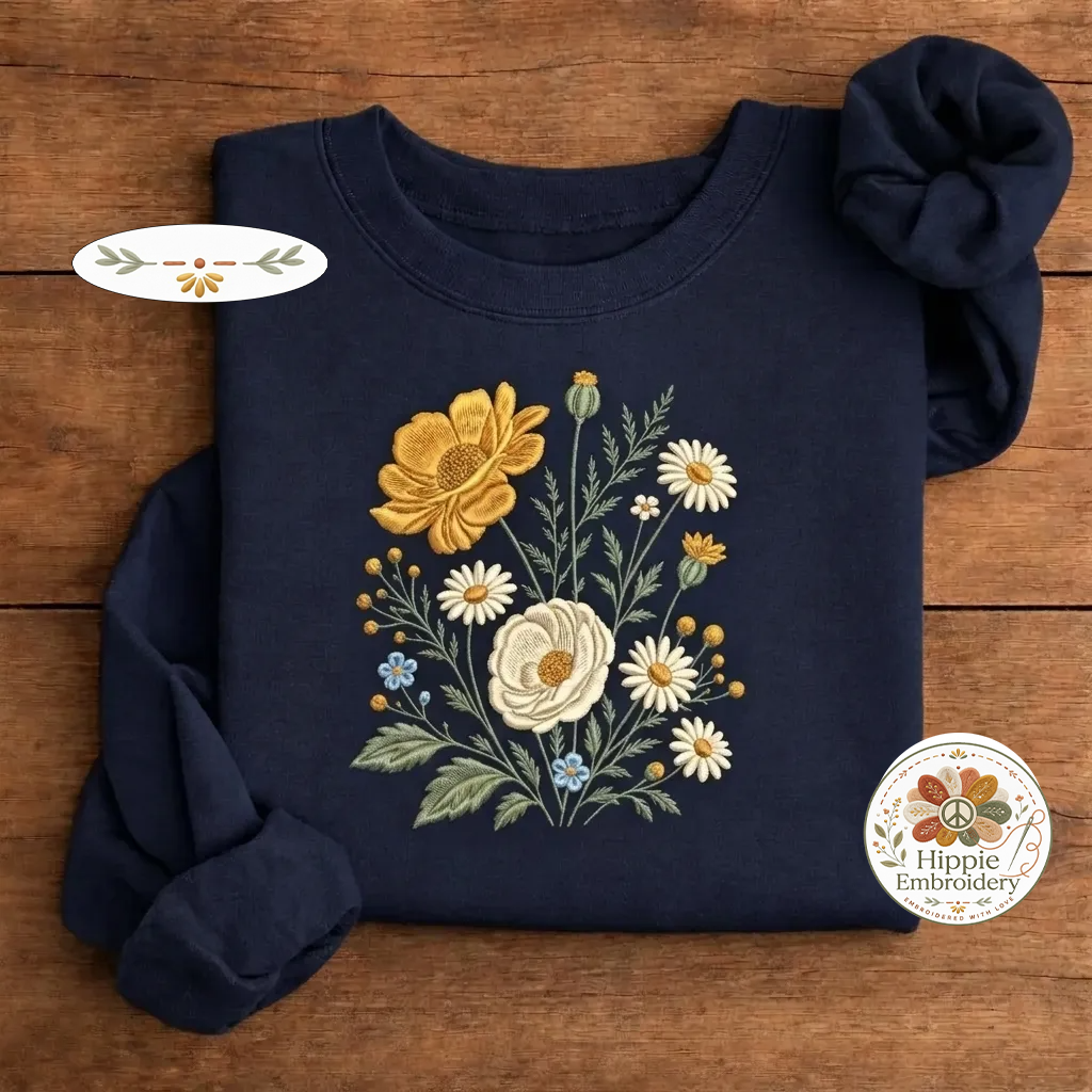Embroidered Vintage Pressed Flowers Shirt, Boho Cottagecore Sweatshirt, Botanical Floral Crewneck, Wildflowers Pullover, Gift for Gardener - 0454