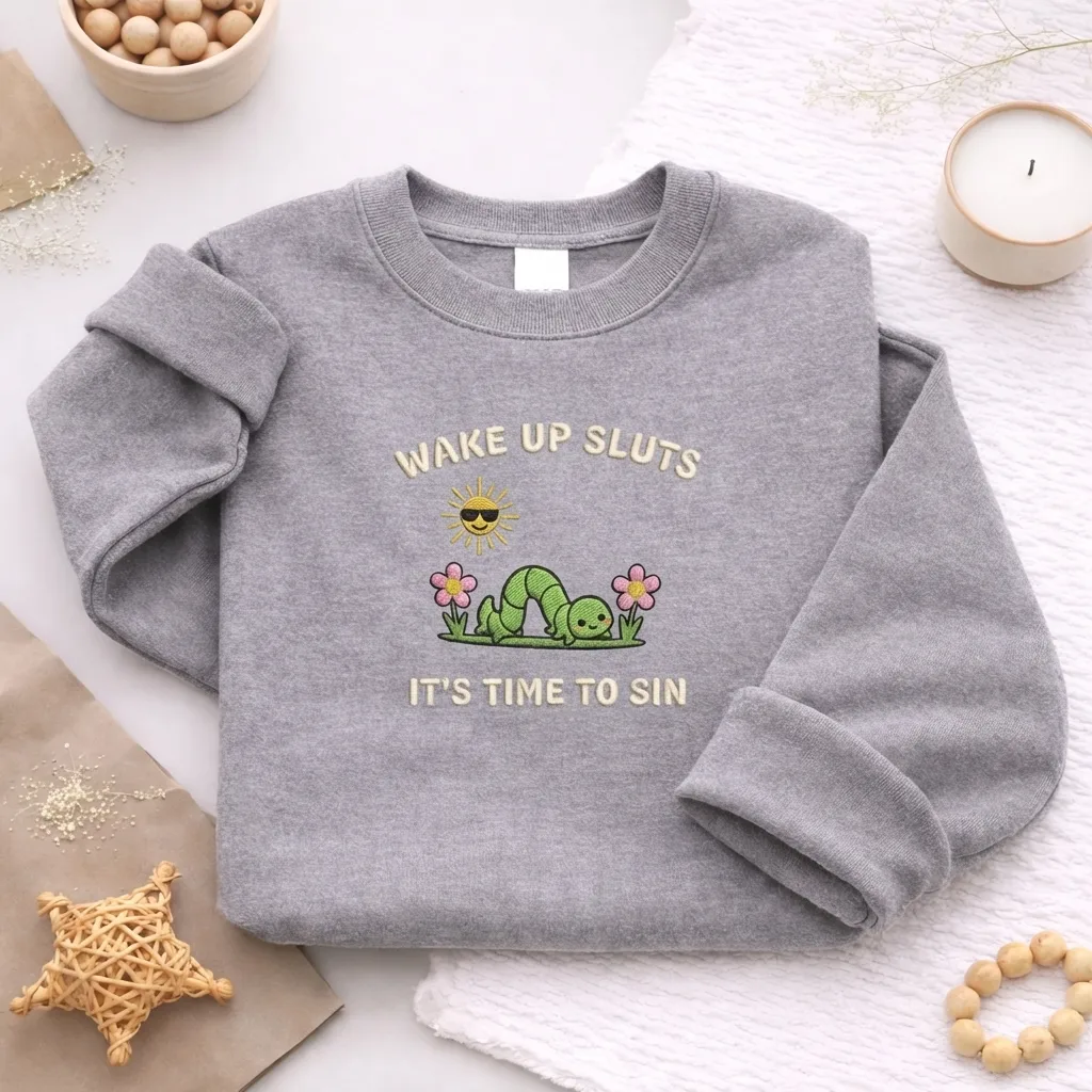 Embroidered Wake Up Its Time To Sin Sweatshirt, Funny Meme Crewneck