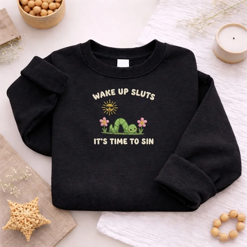 Embroidered Wake Up Its Time To Sin Sweatshirt, Funny Meme Crewneck