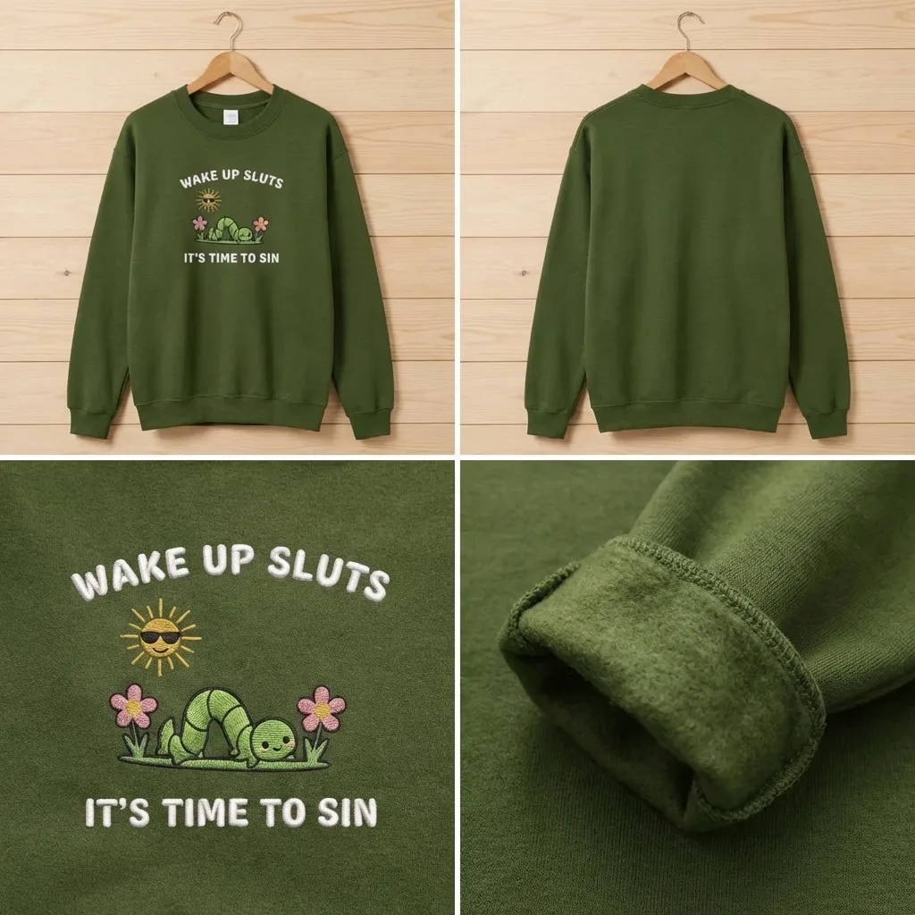 Embroidered Wake Up Its Time To Sin Sweatshirt, Funny Meme Crewneck