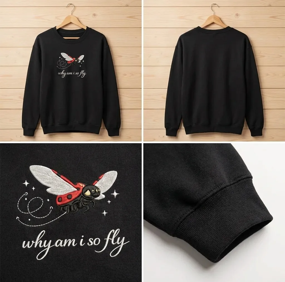 Embroidered Why Am I So Fly Shirt, Funny Ladybug Pun Crewneck