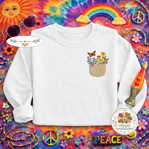 Embroidered Wildflower Pocket Sweatshirt, Aesthetic Butterfly Shirt