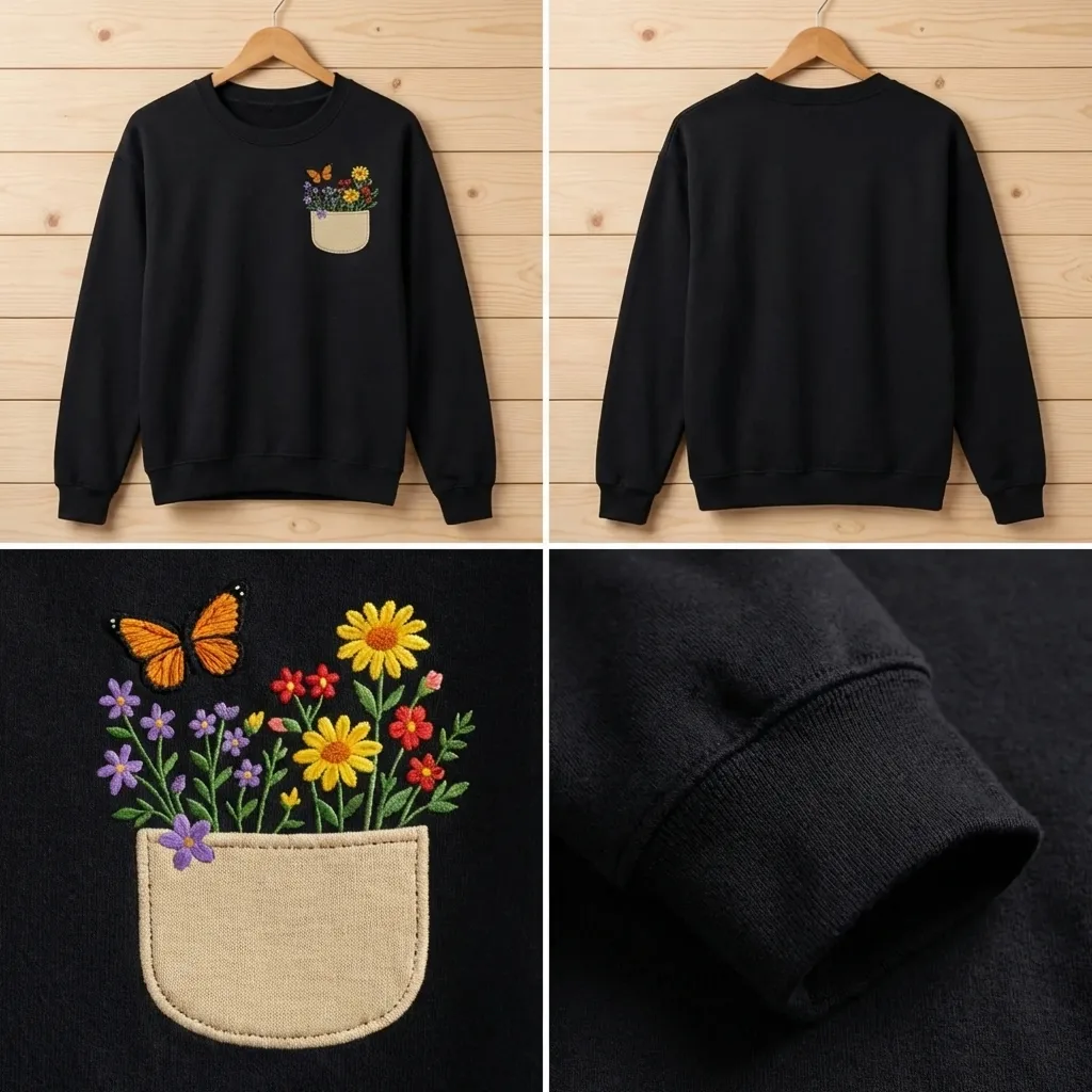 Embroidered Wildflower Pocket Sweatshirt, Aesthetic Butterfly Shirt
