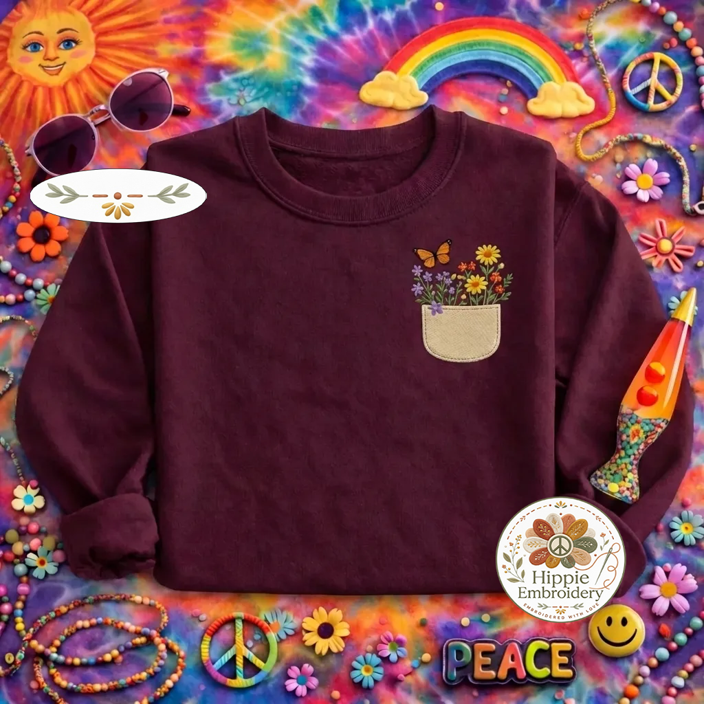 Embroidered Wildflower Pocket Sweatshirt, Aesthetic Butterfly Shirt