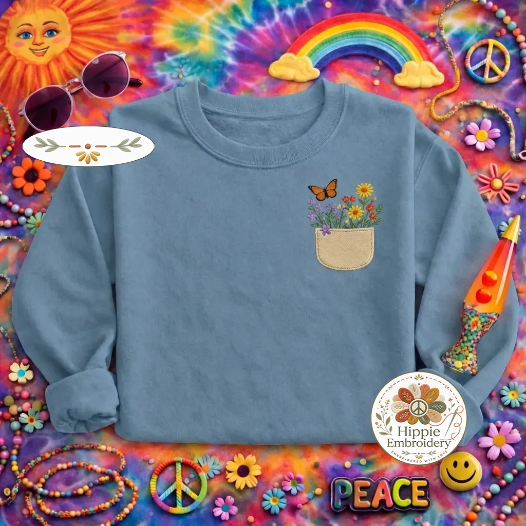 Embroidered Wildflower Pocket Sweatshirt, Aesthetic Butterfly Shirt